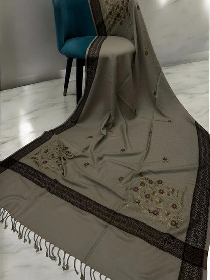 Greige Mahogany Border Embroidered Gold Floral Pashmina Shawl