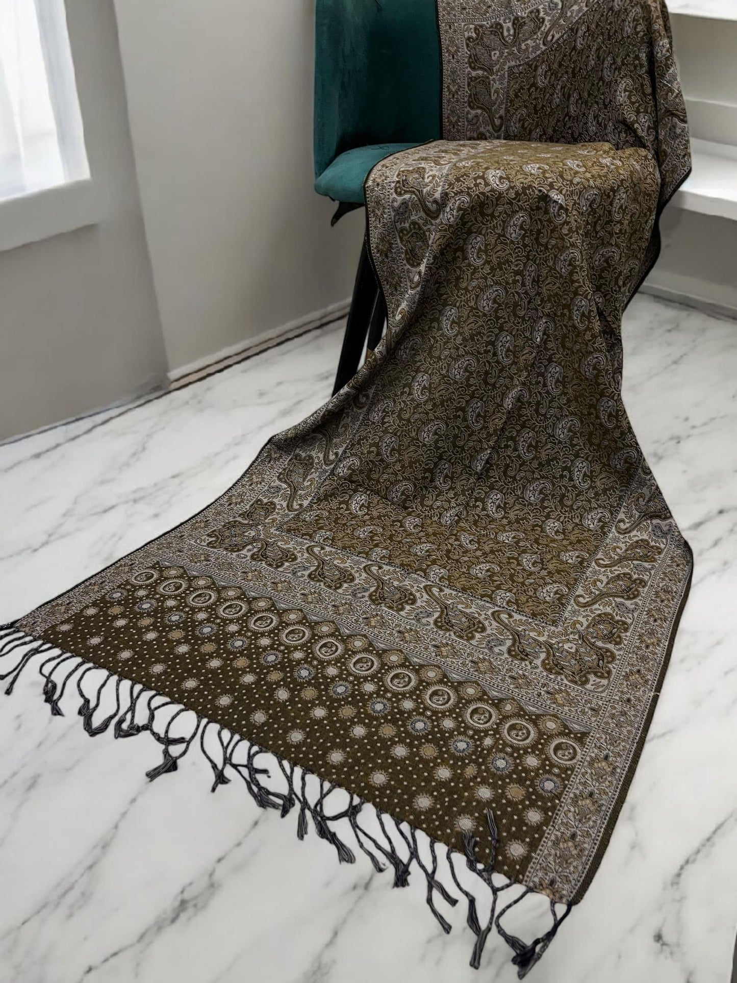 Walnut Brown White Two-tone Paisley Pashmina Hijab