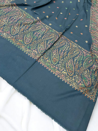 Airforce Blue Multi - Hand Embroidered Paisley Kashmiri Shawl