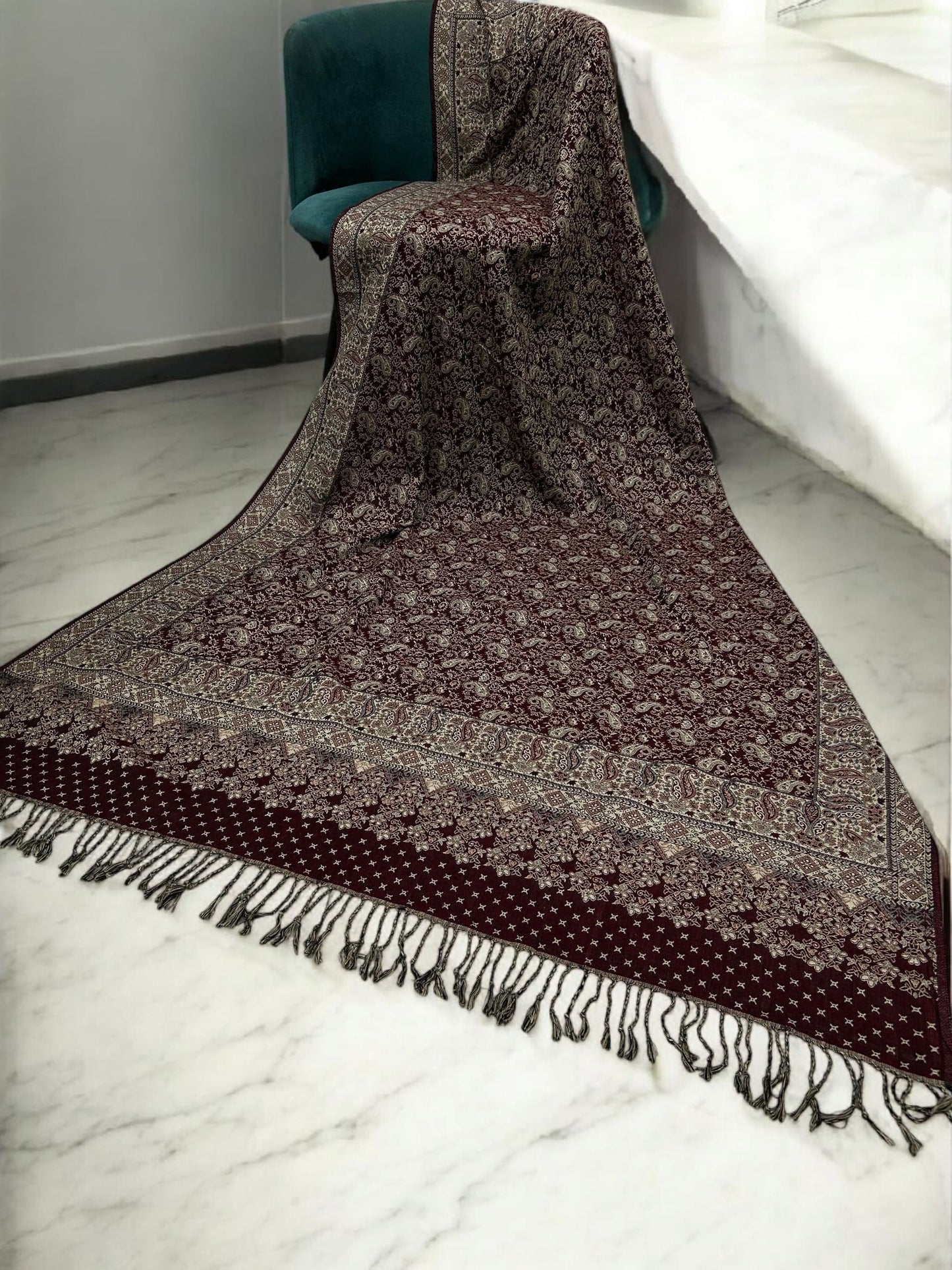 Threadwork Paisley Pashmina Shawl - Mahogany Beige