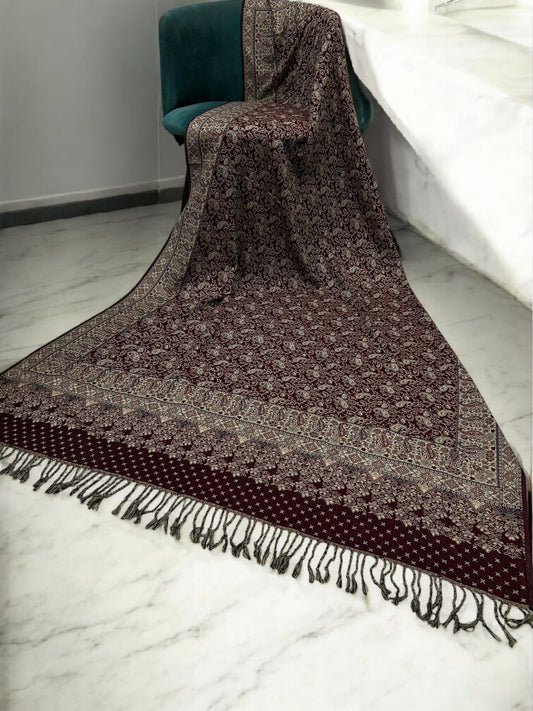 Threadwork Paisley Pashmina Shawl - Mahogany Beige