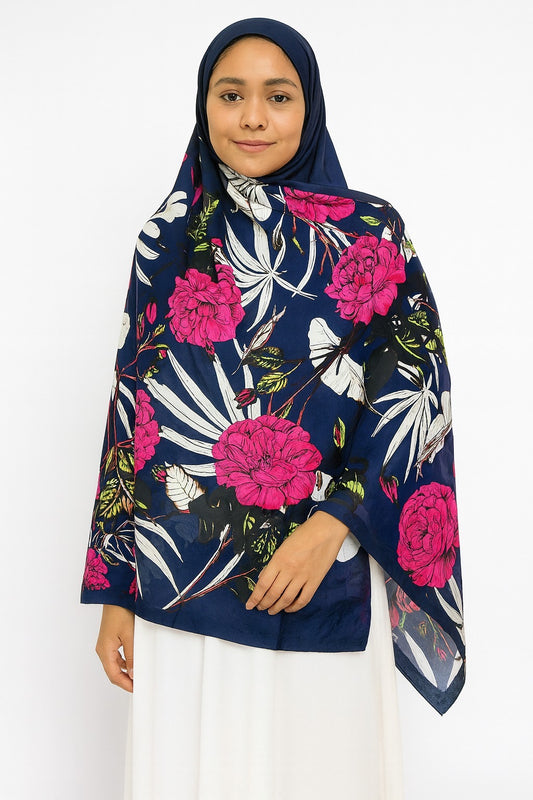 Large Satin Silk Scarf - Navy Blue Floral