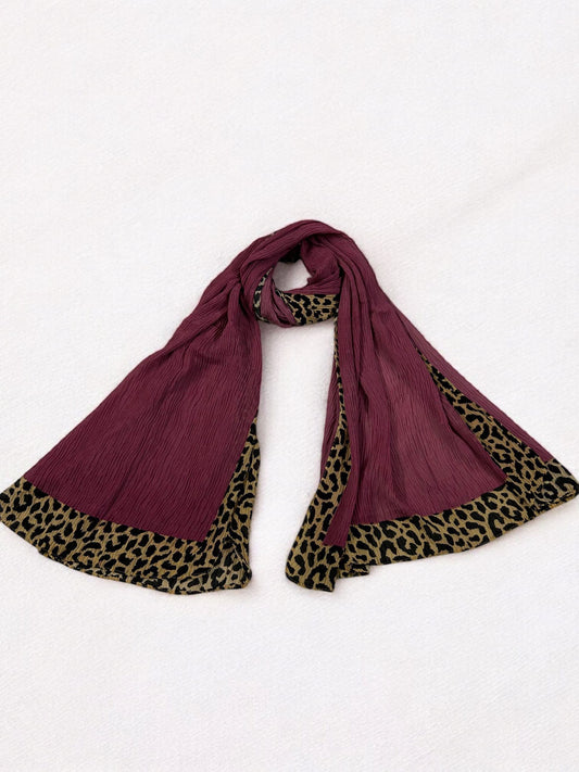 Damson Purple Leopard Border Printed Pleated Modal Hijab