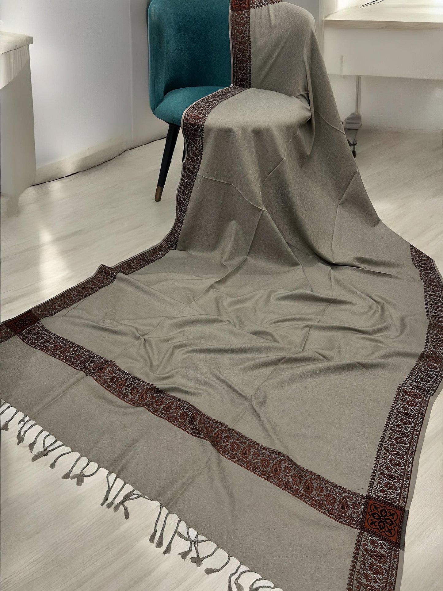 Sand Brown Rust Embossed Patchwork Border Shawl