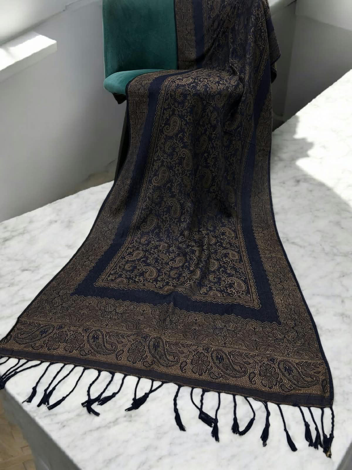 Navy Gold Little Paisleys Two-Tone Pashmina Hijab