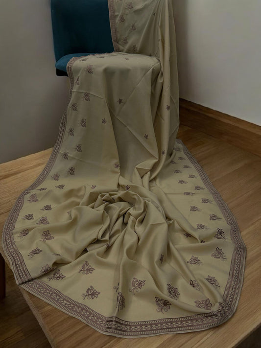 Cream Brown Fancy Double Embroidered Floral Shaal