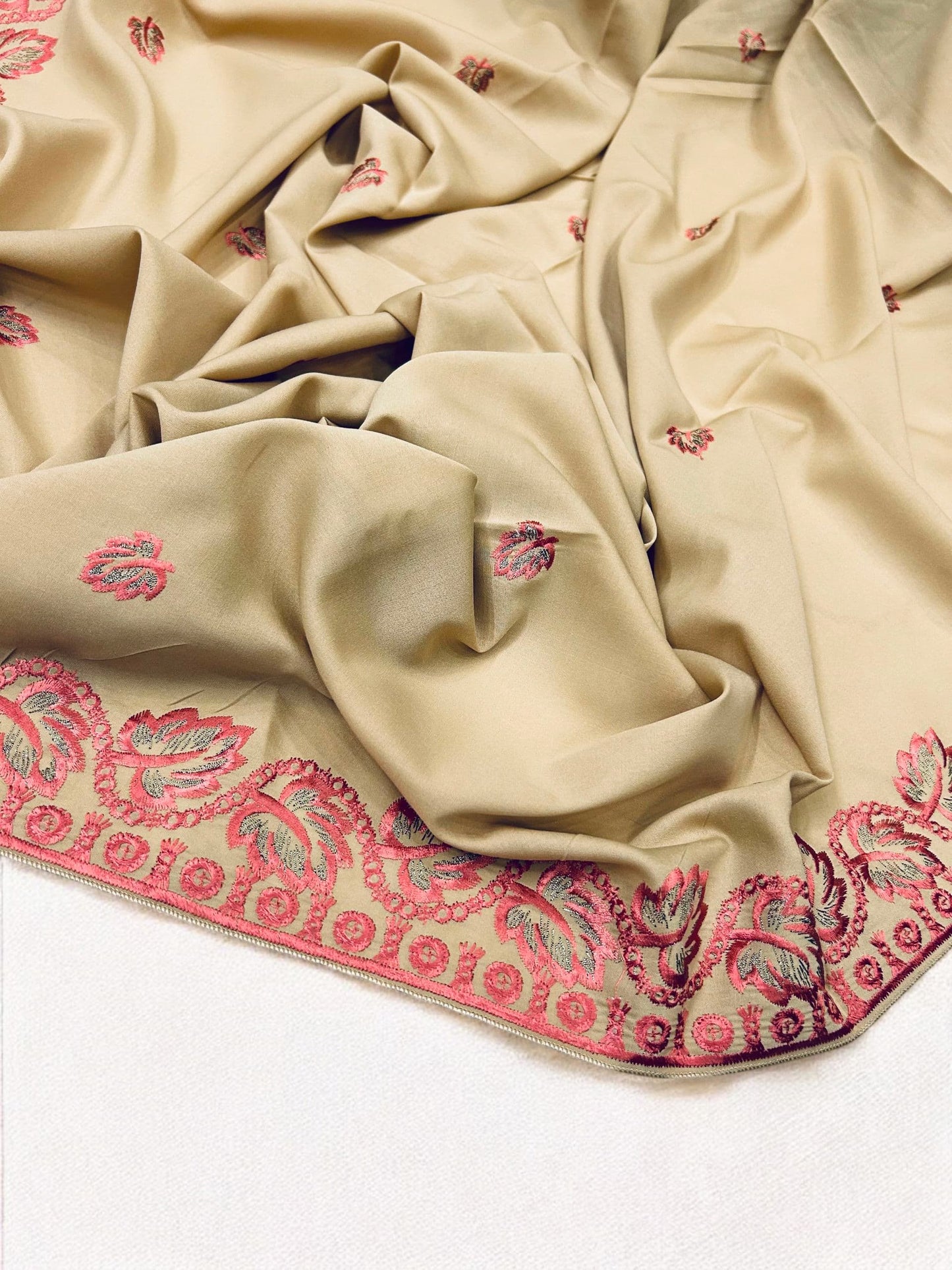 Beige Coral Leaflets Fancy Embroidered Shaal