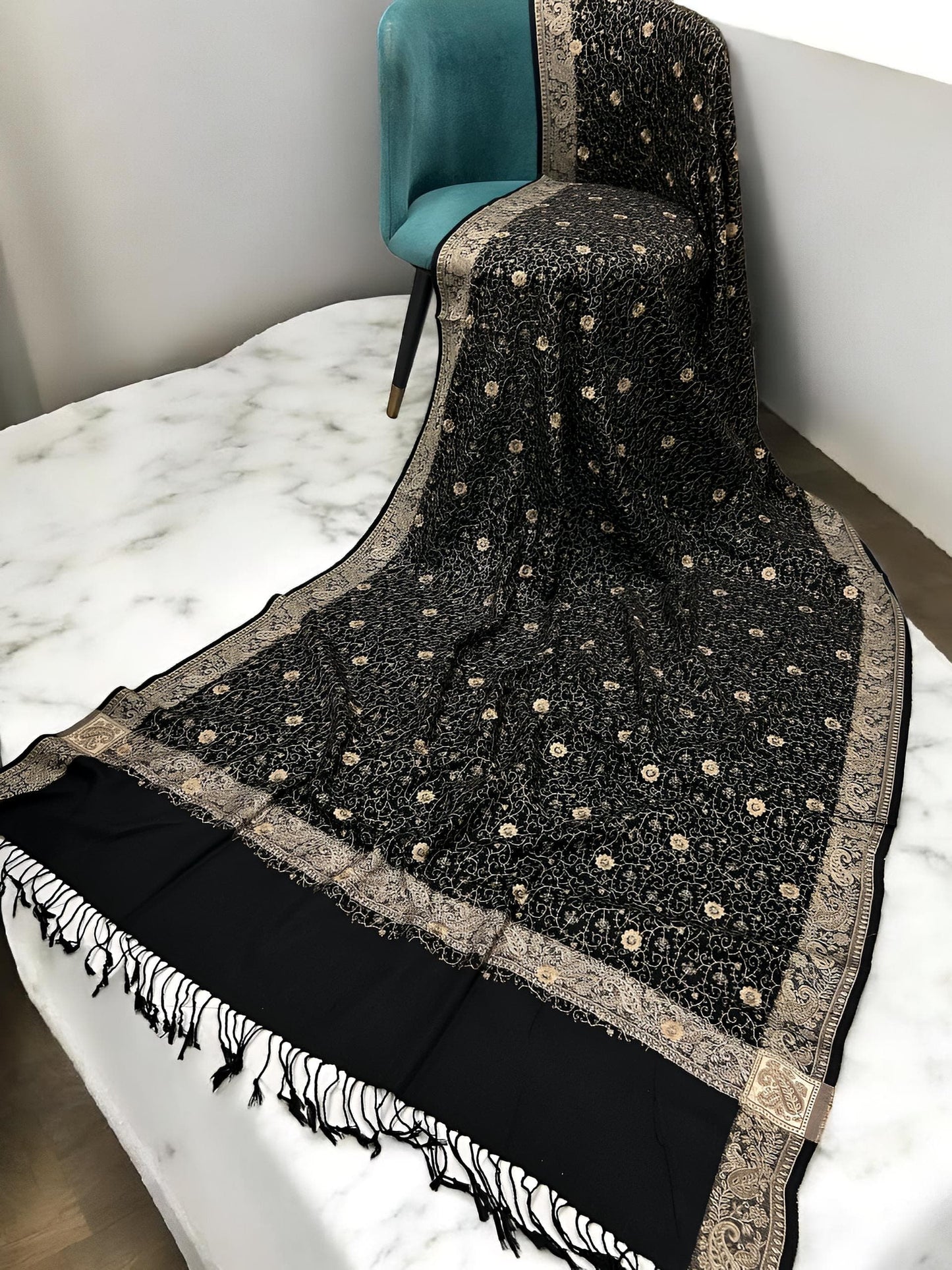 Black Creamy Gold Threadwork Hand Embroidered Pashmina Shawl