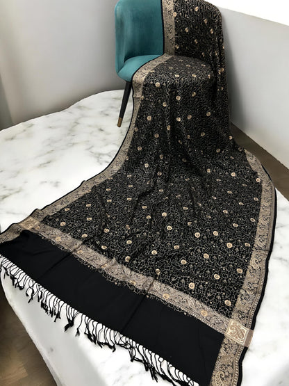 Black Creamy Gold Threadwork Hand Embroidered Pashmina Shawl