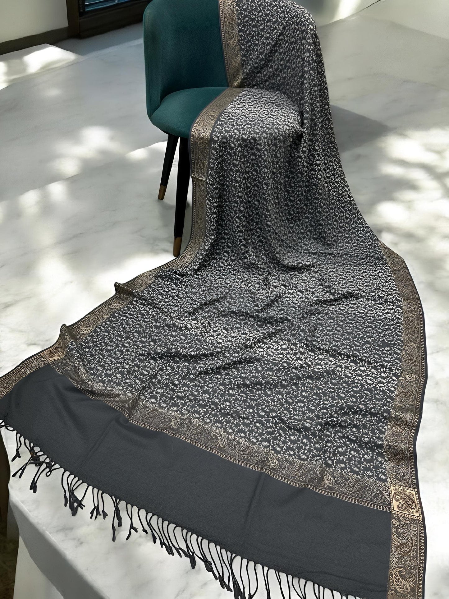 Mystic Grey Cream Threadwork Hand Embroidered Pashmina Shawl