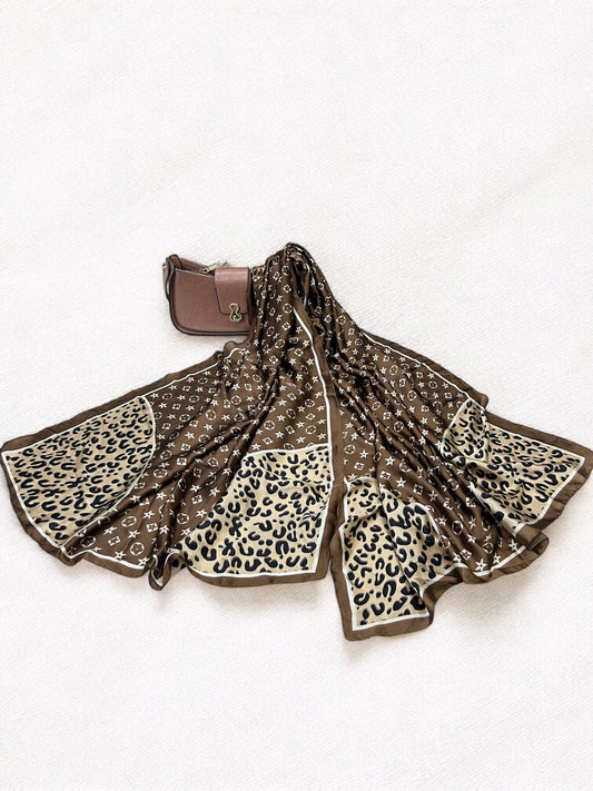 Large Satin Silk Scarf - Brown Cream Leopard LV
