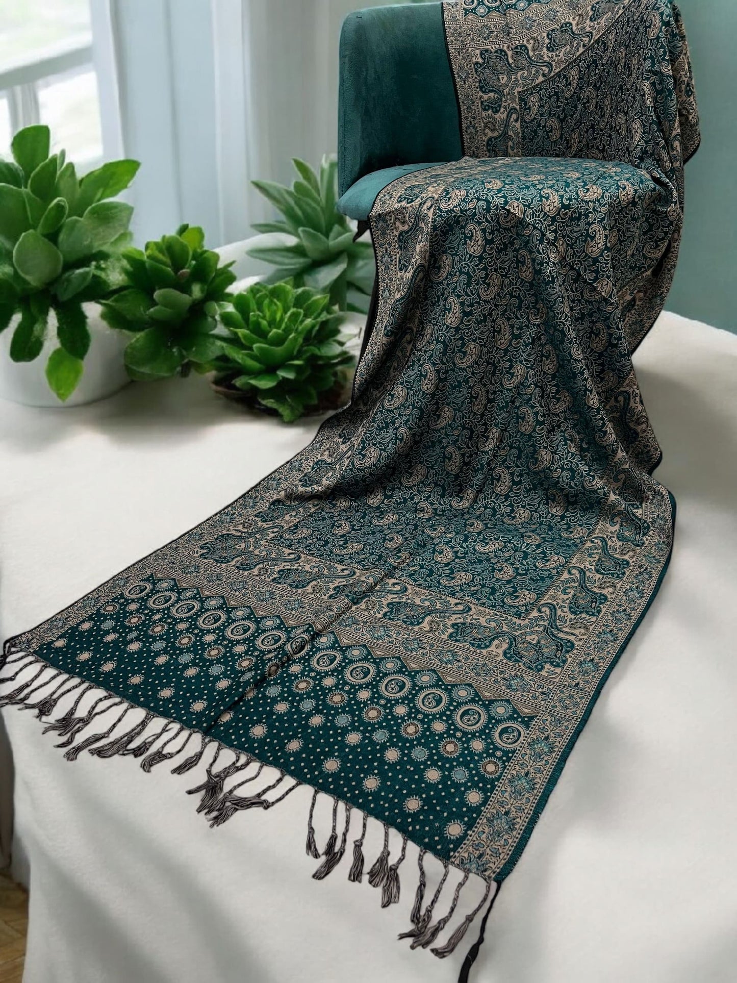 Jade Green Beige Dotted Two-tone Paisley Pashmina Hijab