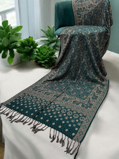 Jade Green Beige Dotted Two-tone Paisley Pashmina Hijab