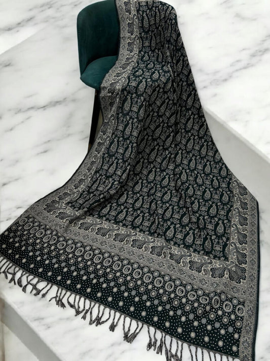 Dotted Paisley Pashmina Shawl - Black Silver Ice