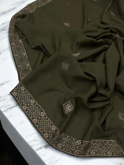 Olive Pink Squares Threadwork Embroidered Border Shaal