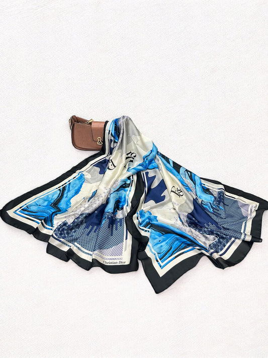 Large Satin Silk Scarf - Blue White Dior
