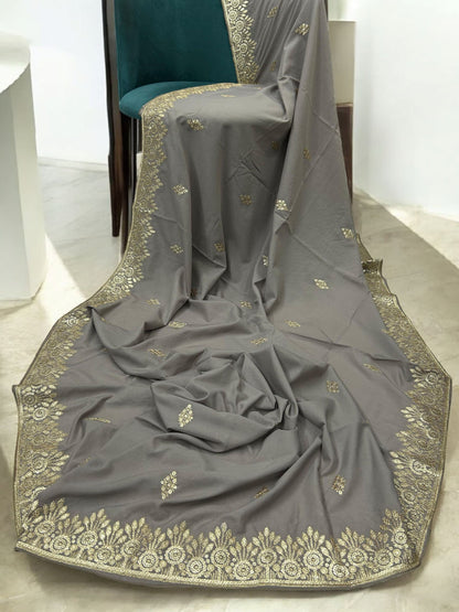 Grey Gold Floral Sequence Bridal Embroidered Shaal