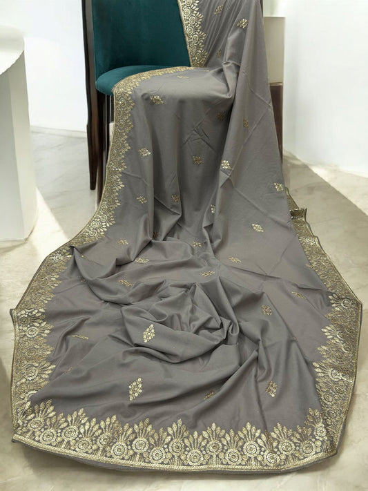 Grey Gold Floral Sequence Bridal Embroidered Shaal