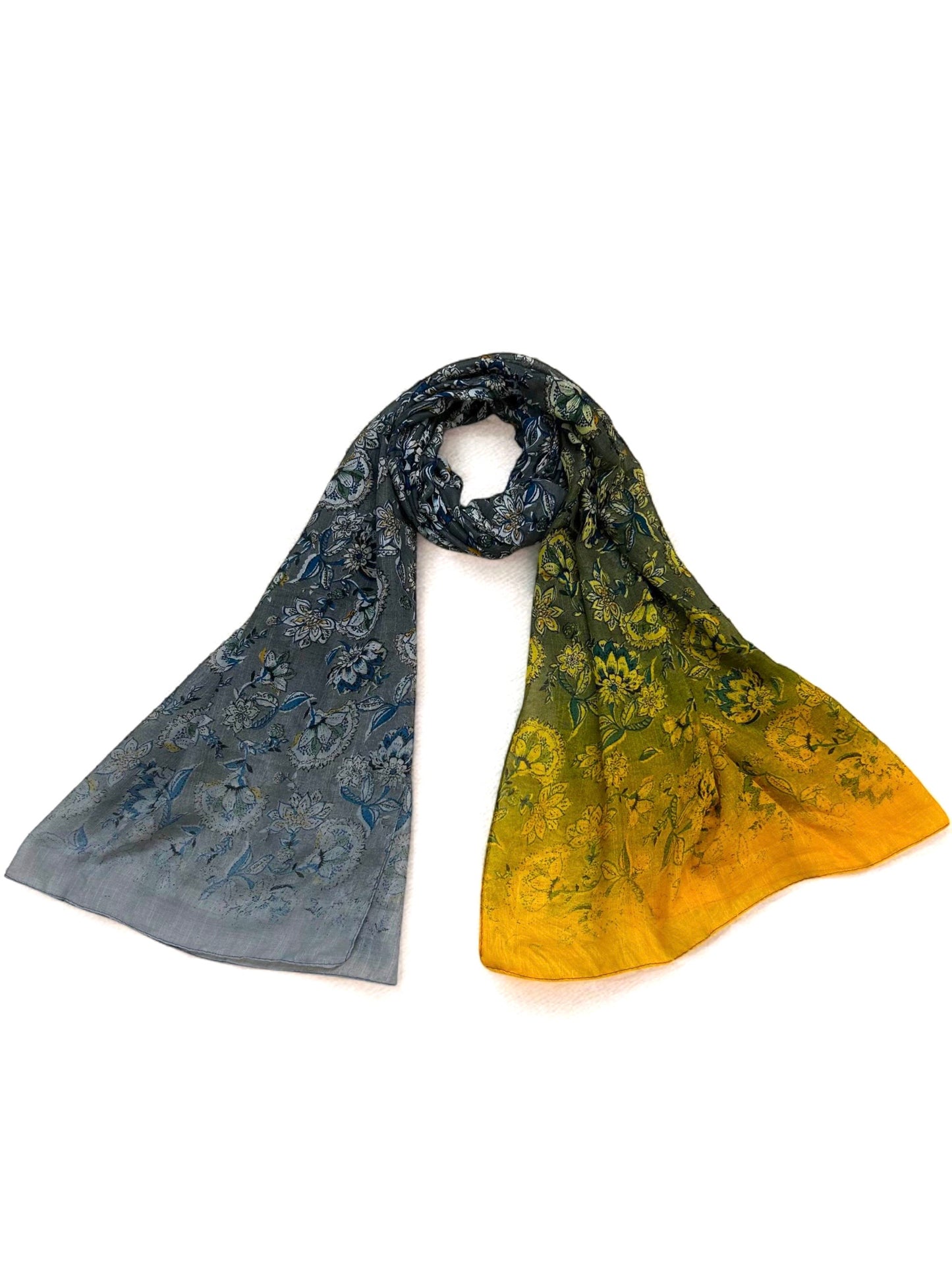 Grey Yellow Tie-Dye Floral Printed Modal Hijab