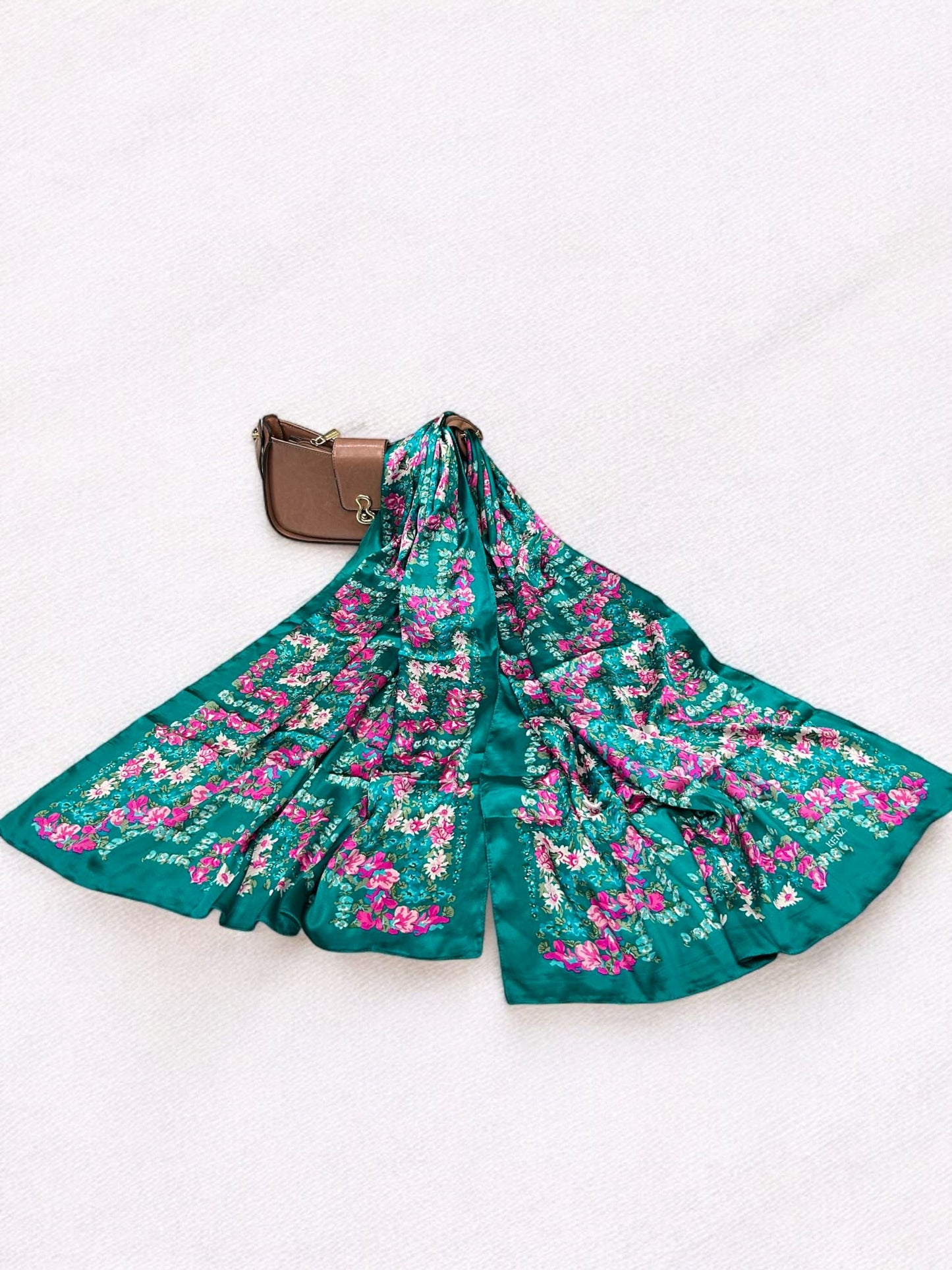 Satin Silk Scarf - Sea Green Mauve Floral