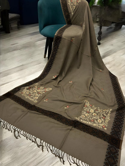 Greige Mahogany Border Embroidered Cream Floral Pashmina Shawl