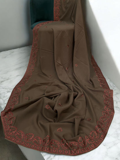 Soil Brown Coral Leaflets Fancy Embroidered Shaal