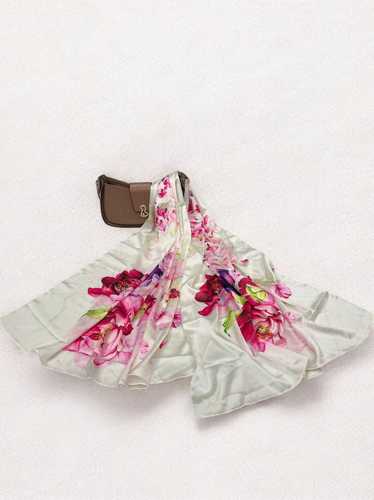 Large Satin Silk Scarf - White Magenta Flowers