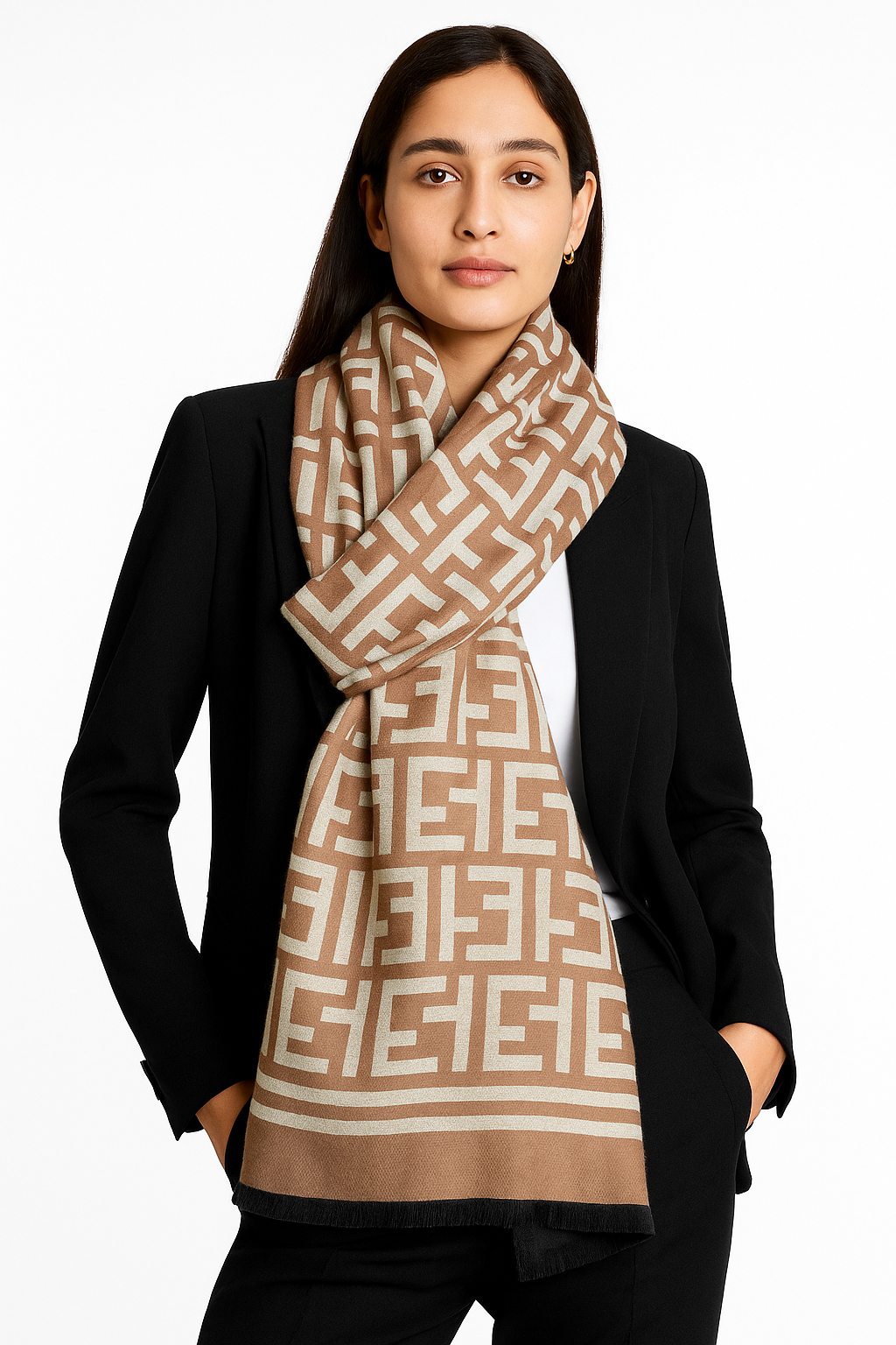 Luxury Branded Wool Scarf - Sand White Fendi