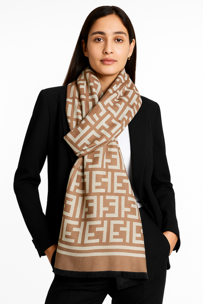 Luxury Branded Wool Scarf - Sand White Fendi