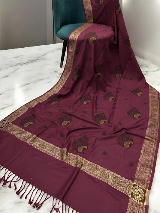 Mulberry Cream Border Embroidered Brown Patchwork Pashmina Shawl