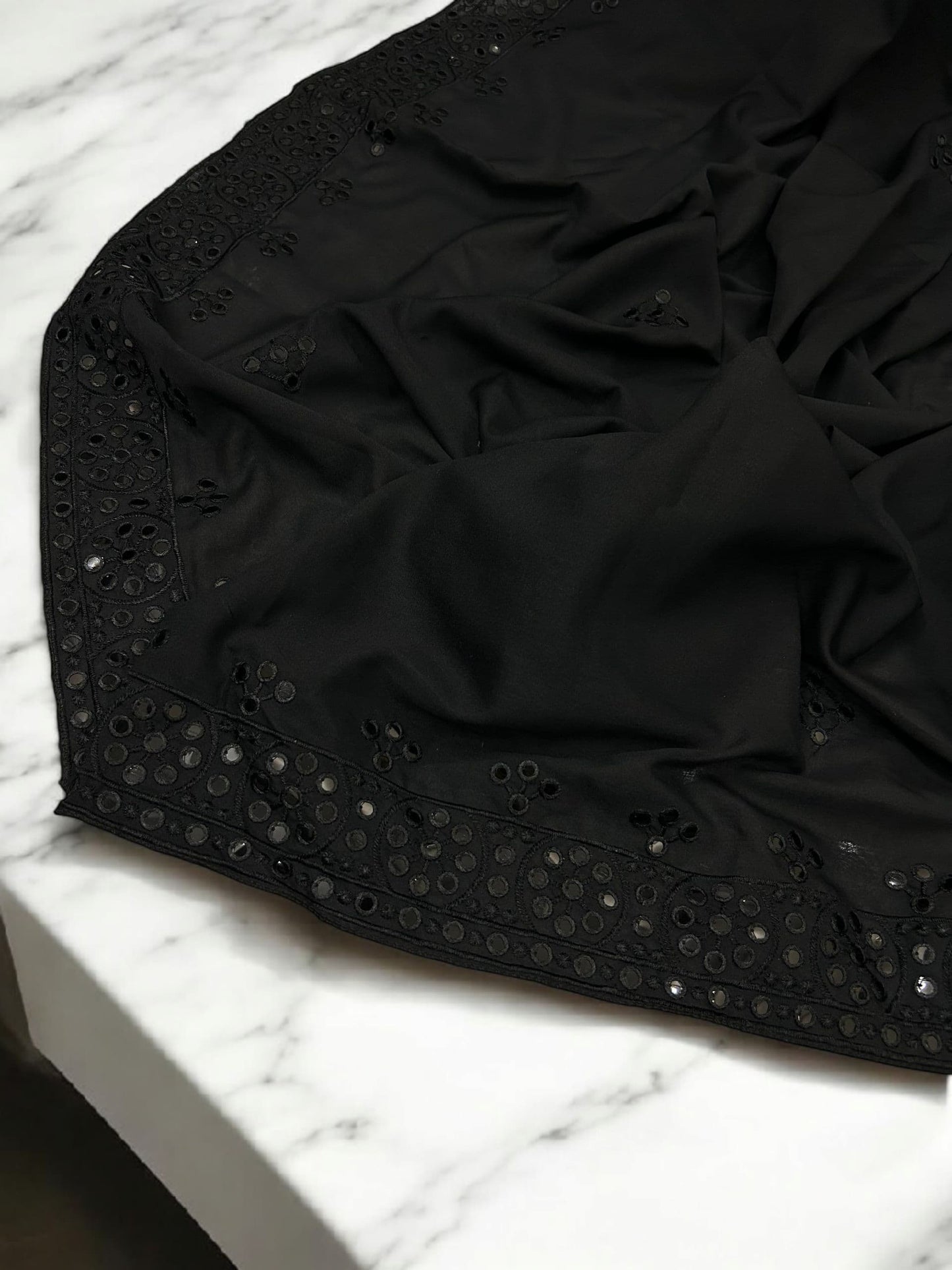 Pure Black Floral Mirrorwork Embroidered Border Shaal