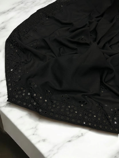 Pure Black Floral Mirrorwork Embroidered Border Shaal