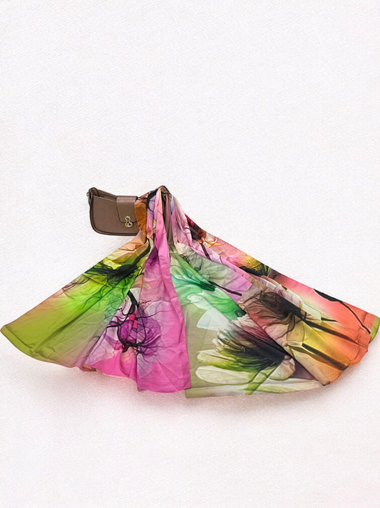 Large Satin Silk Scarf - Pink Shaded Green Floral