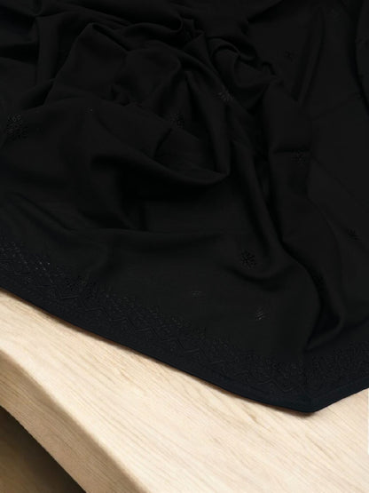 Pure Black Curved Border Embroidered Shaal