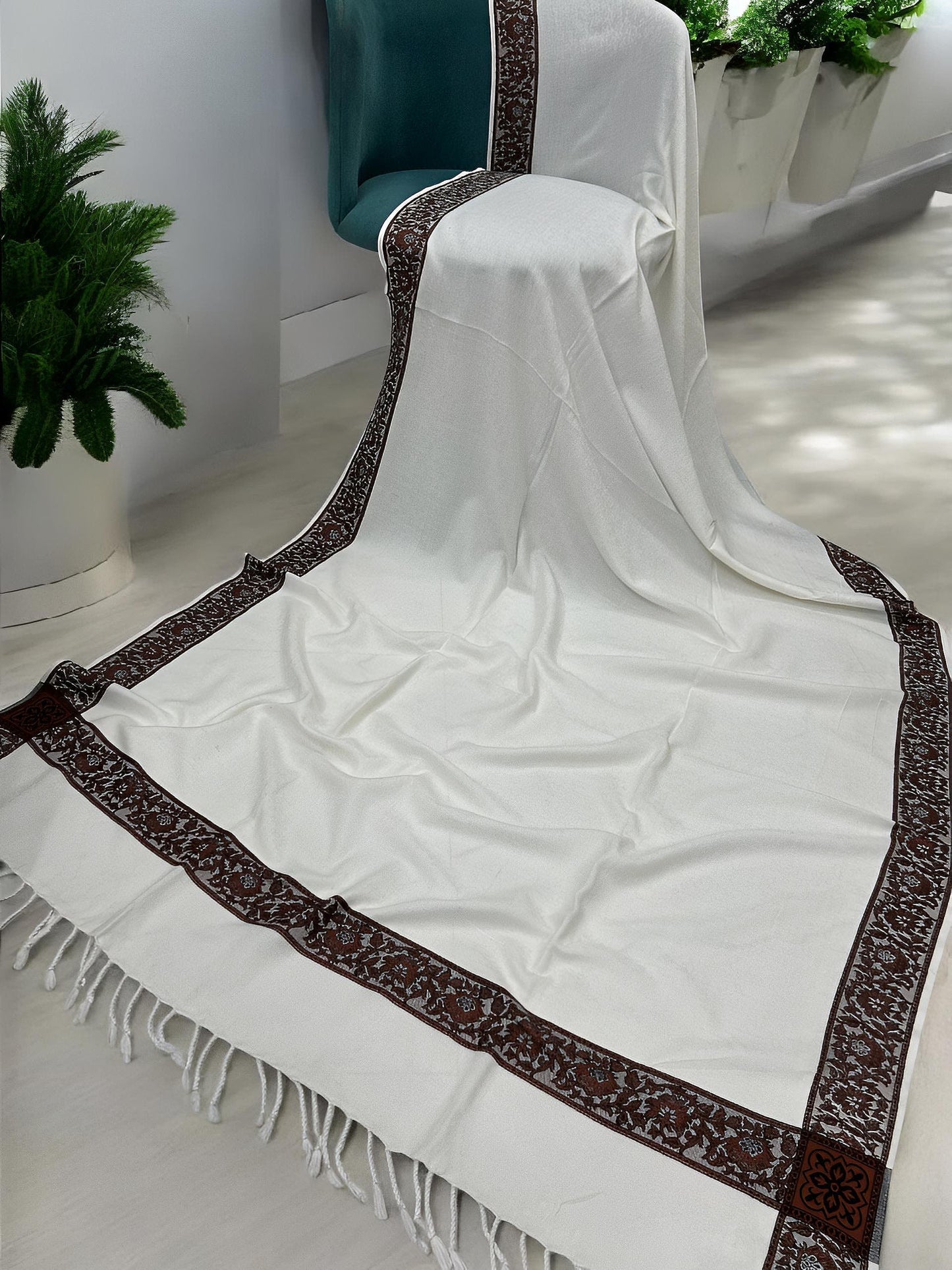White Maroon Embossed Patchwork Border Shawl