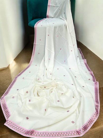 White Kashmiri Pink Diamond Threadwork Embroidered Shaal