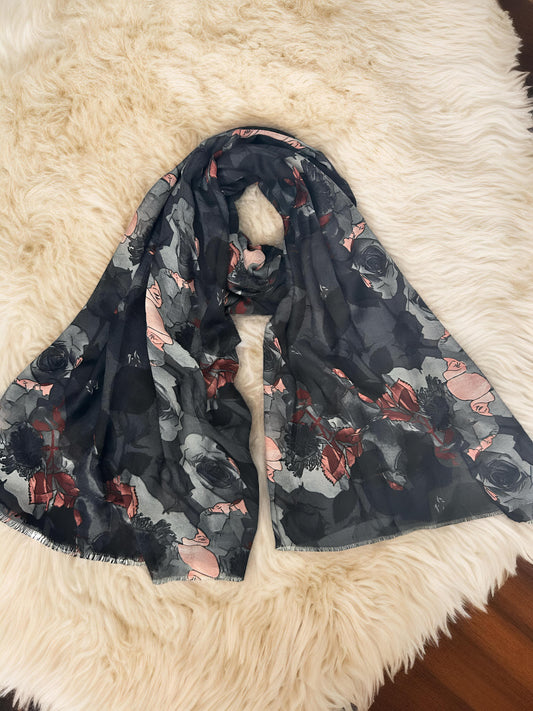 Abstract Gray Peach Floral Printed Modal Hijab