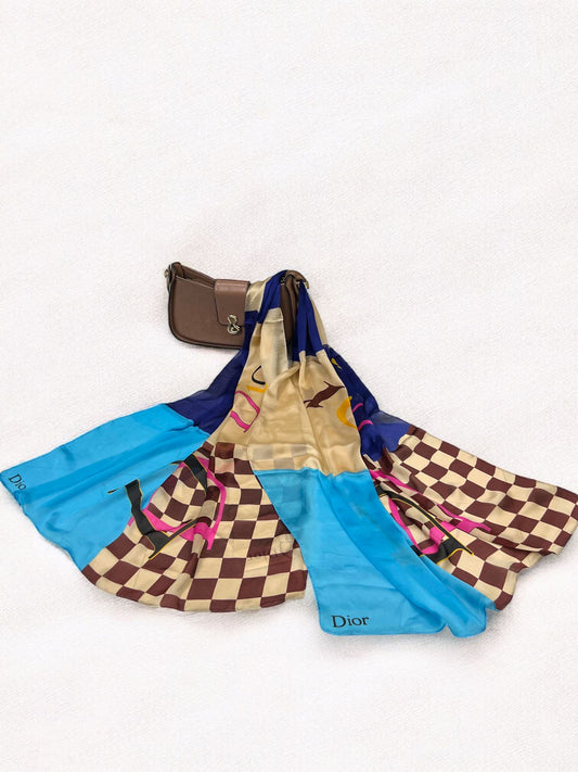 Satin Silk Scarf - Beige Blue Dior