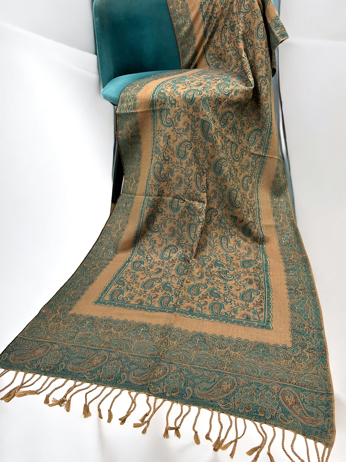 Beige Teal Paisleys Two-Tone Pashmina Hijab