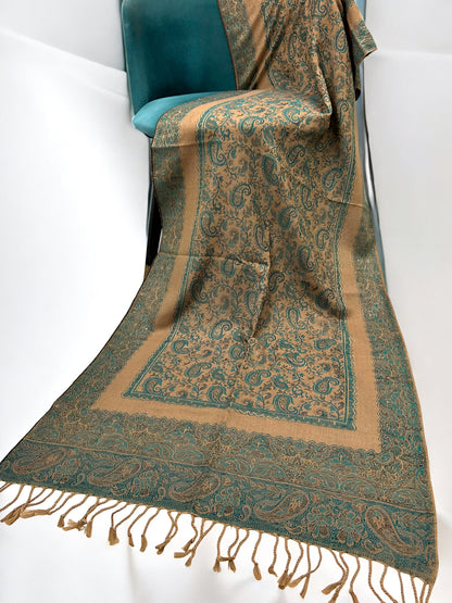 Beige Teal Paisleys Two-Tone Pashmina Hijab