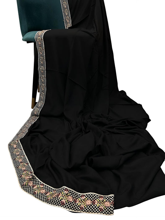 Black Floral Blush Embroidered Border Shaal