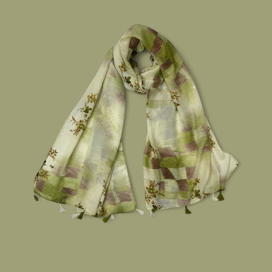 Pistachio White Sketches Floral Printed Modal Hijab