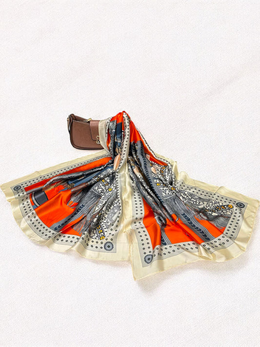 Large Satin Silk Scarf - Orange Cream Border