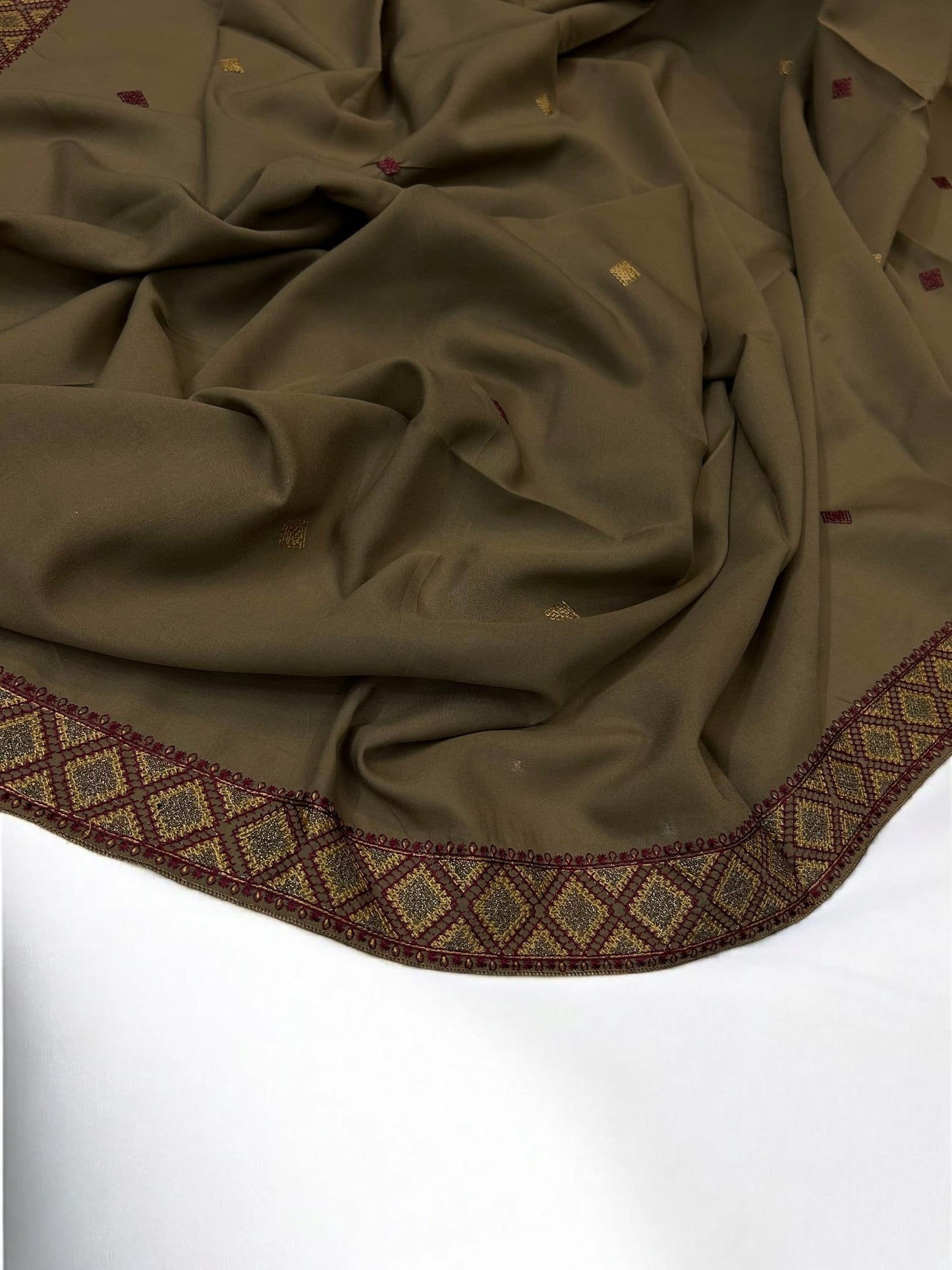 Taupe Brown Diamond Double Embroidered Shaal