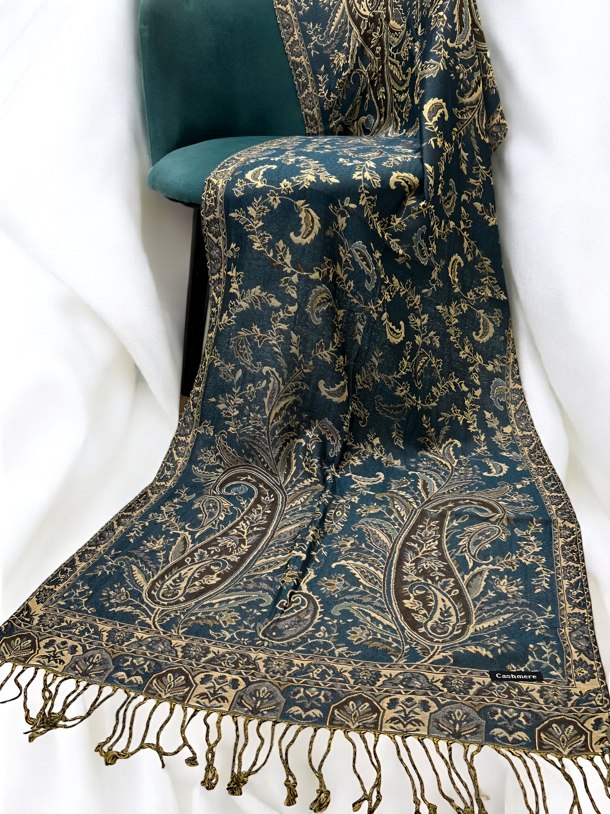 Teal Cream Persian Garden Paisley Two-Tone Pashmina Hijab
