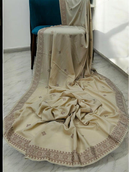 Creamy White Brown Mosaic Fancy Embroidered Shaal