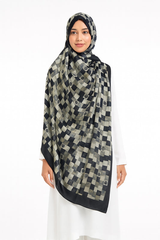 Large Satin Silk Scarf - Black Grey Square Pattern