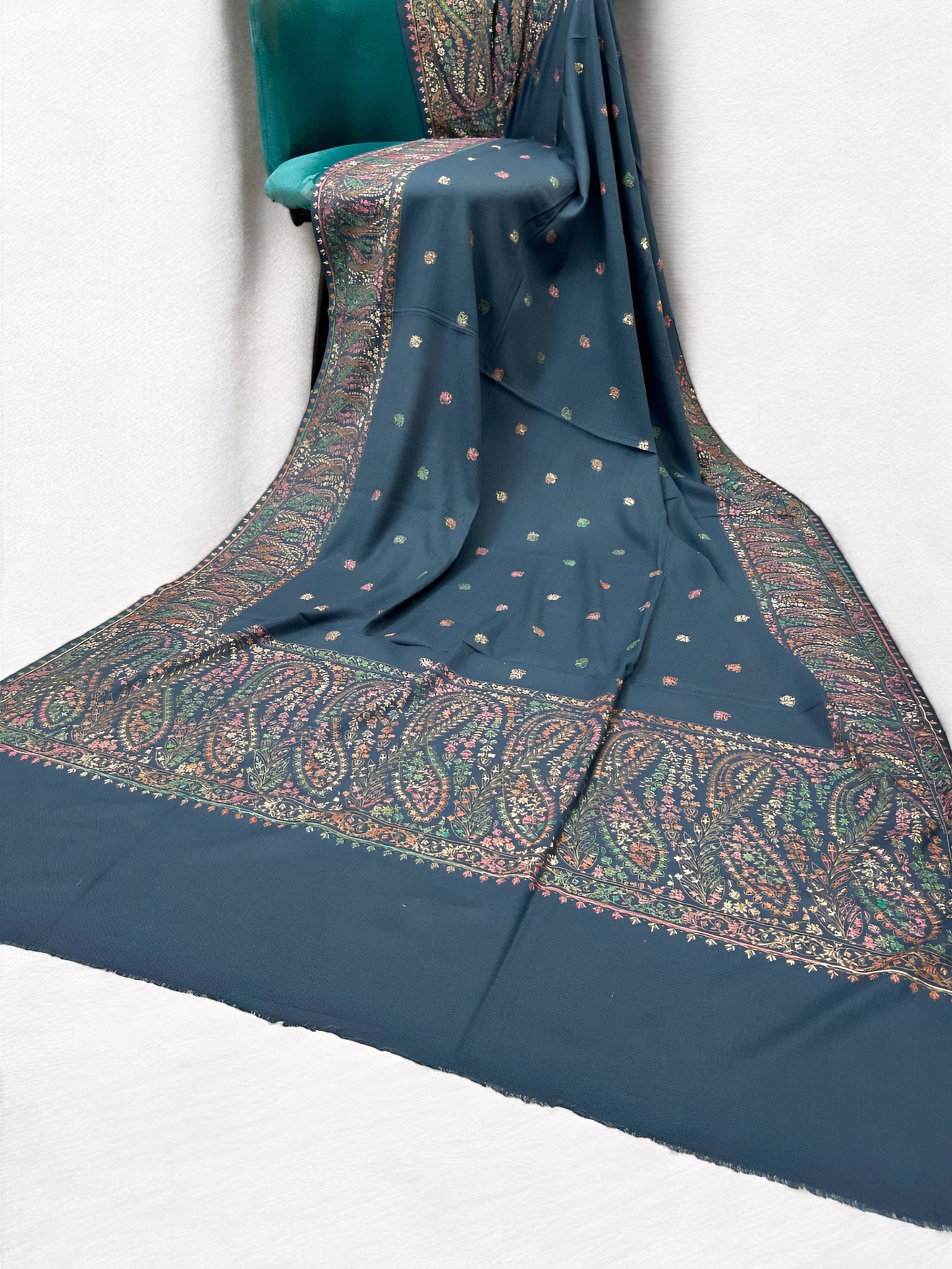 Airforce Blue Multi - Hand Embroidered Paisley Kashmiri Shawl