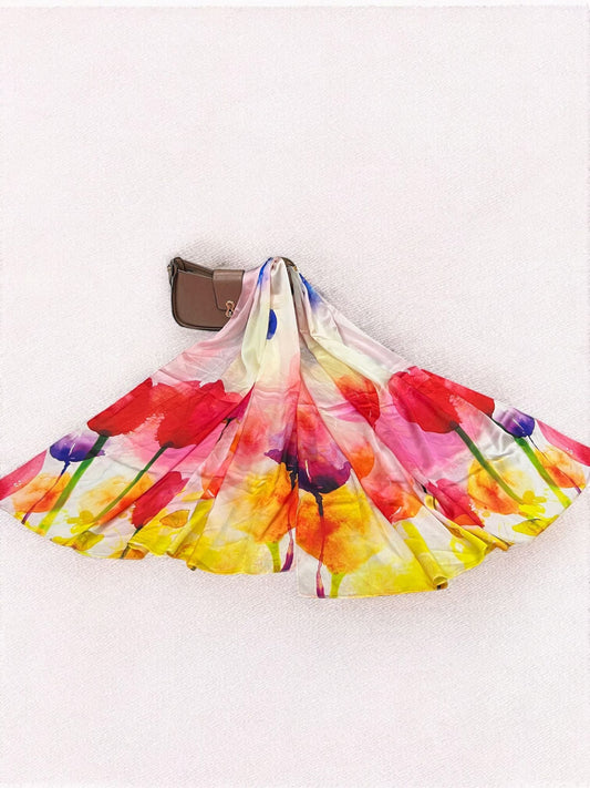 Large Satin Silk Scarf - White Pink Yellow Ombre Floral