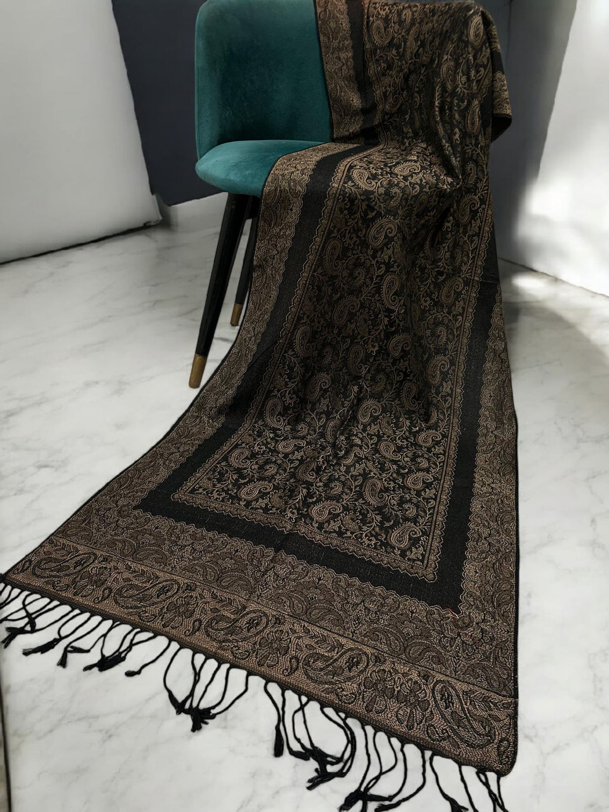 Black Silver Gold Little Paisleys Two-Tone Pashmina Hijab
